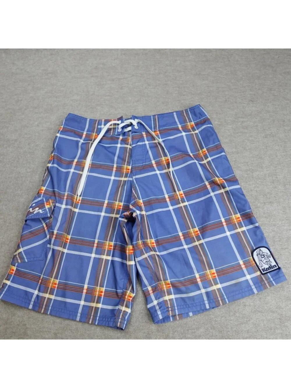 Katin Mens Shorts 32 Blue Plaid Drawstring Board Shorts Vintage Y2K